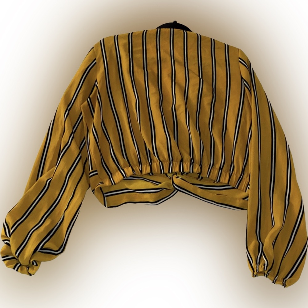 Polly & Esther Yellow Women’s Striped V Neck Blouse with Subtle Buttons Sleeves - Picture 2 of 6